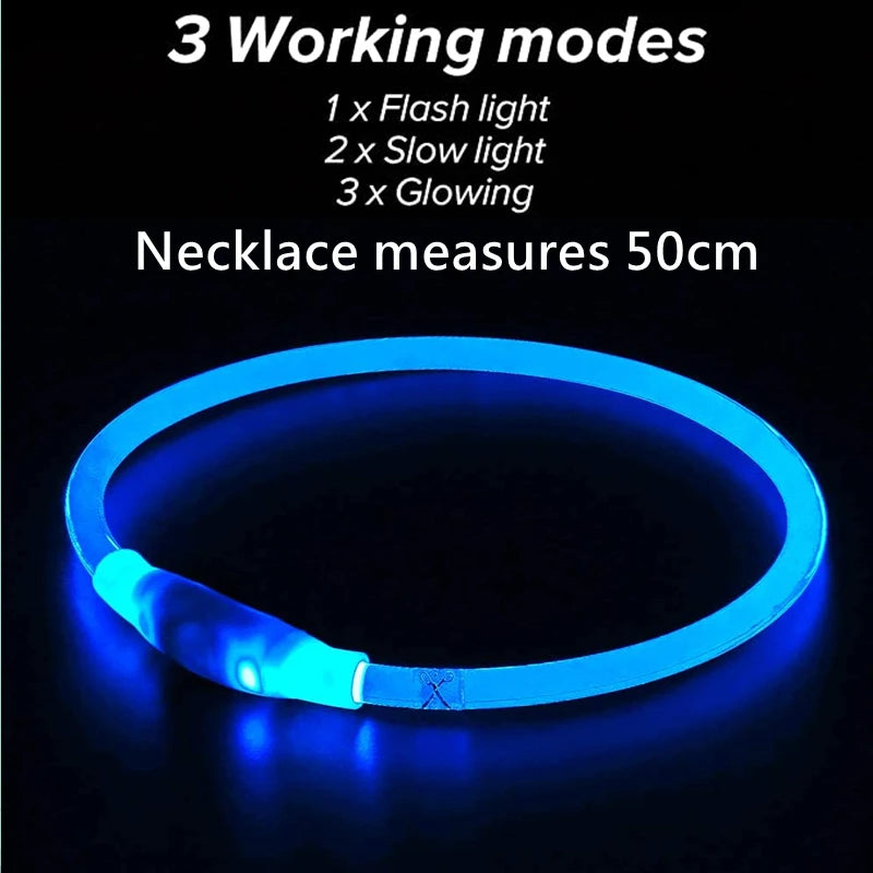 A bright blue LED necklace or collar is displayed against a dark background.