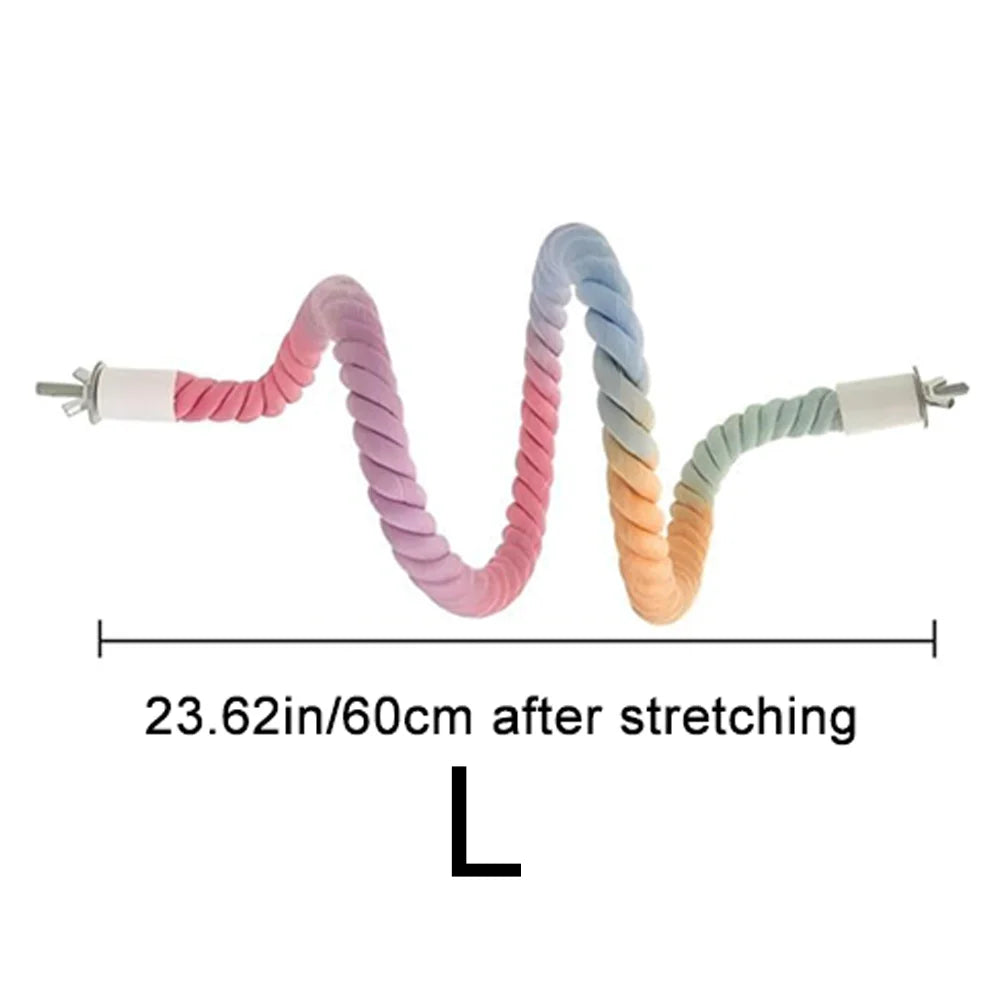 Colorful bird rope perch stand with a purple and blue striped rope, measuring 23.62 inches long after stretching.