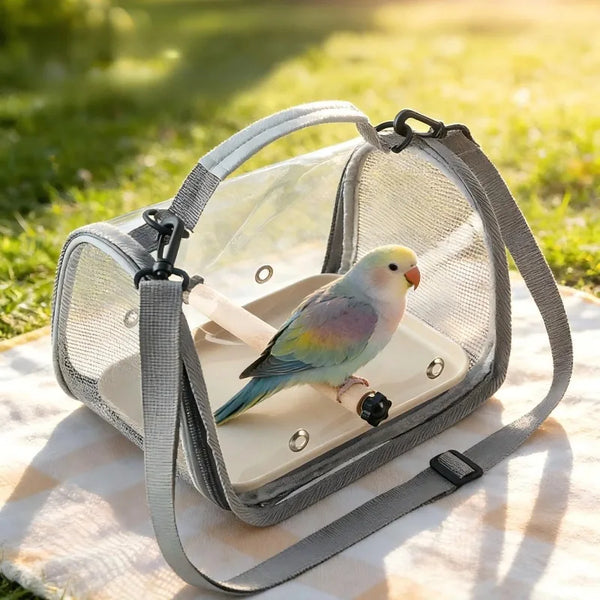 A portable pet travel bag with a stand is shown outdoors on a light surface.