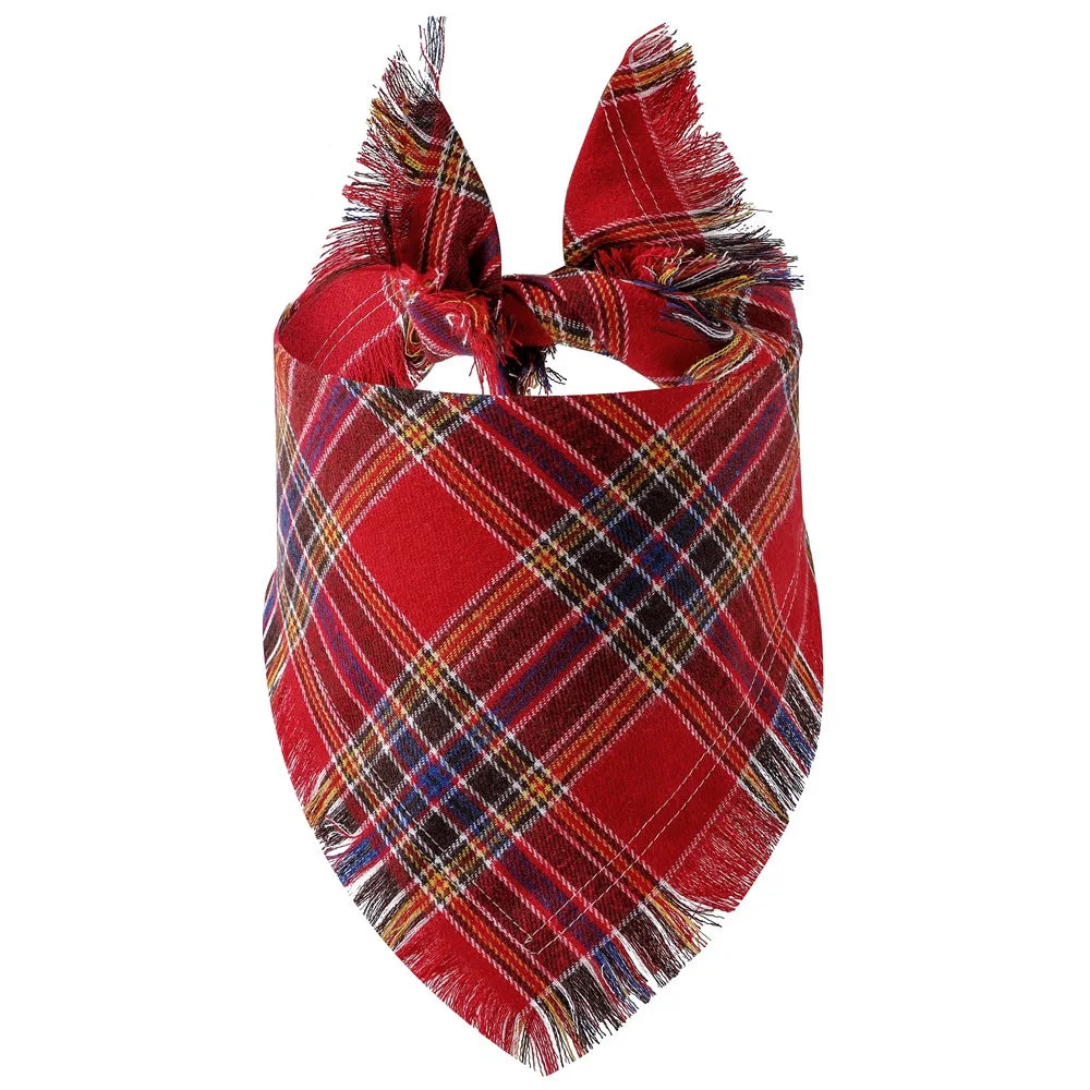 A red and black plaid bandana with a fringed tie.