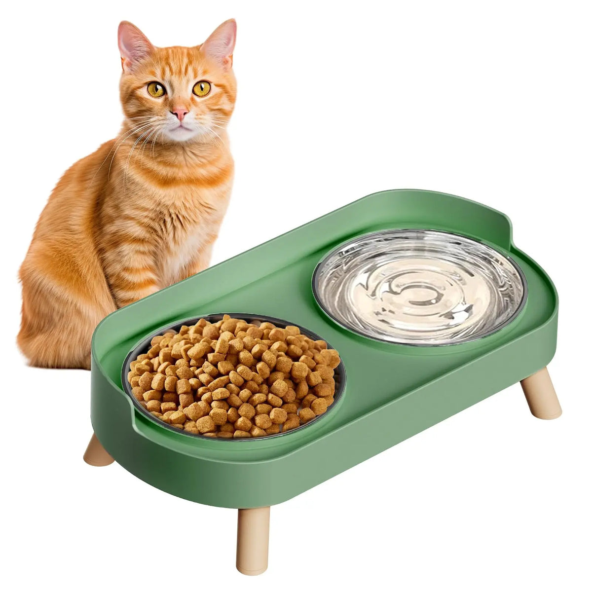 An orange tabby cat sits next to a green elevated bowl set containing dry food and water.