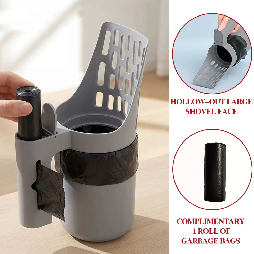 A gray cat litter scoop with a hollow-out large shovel face and a complimentary roll of garbage bags.