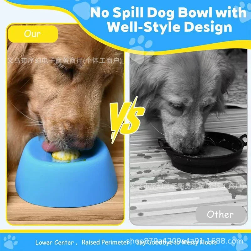 A blue silicone dog bowl with a well-style design being used by a dog.