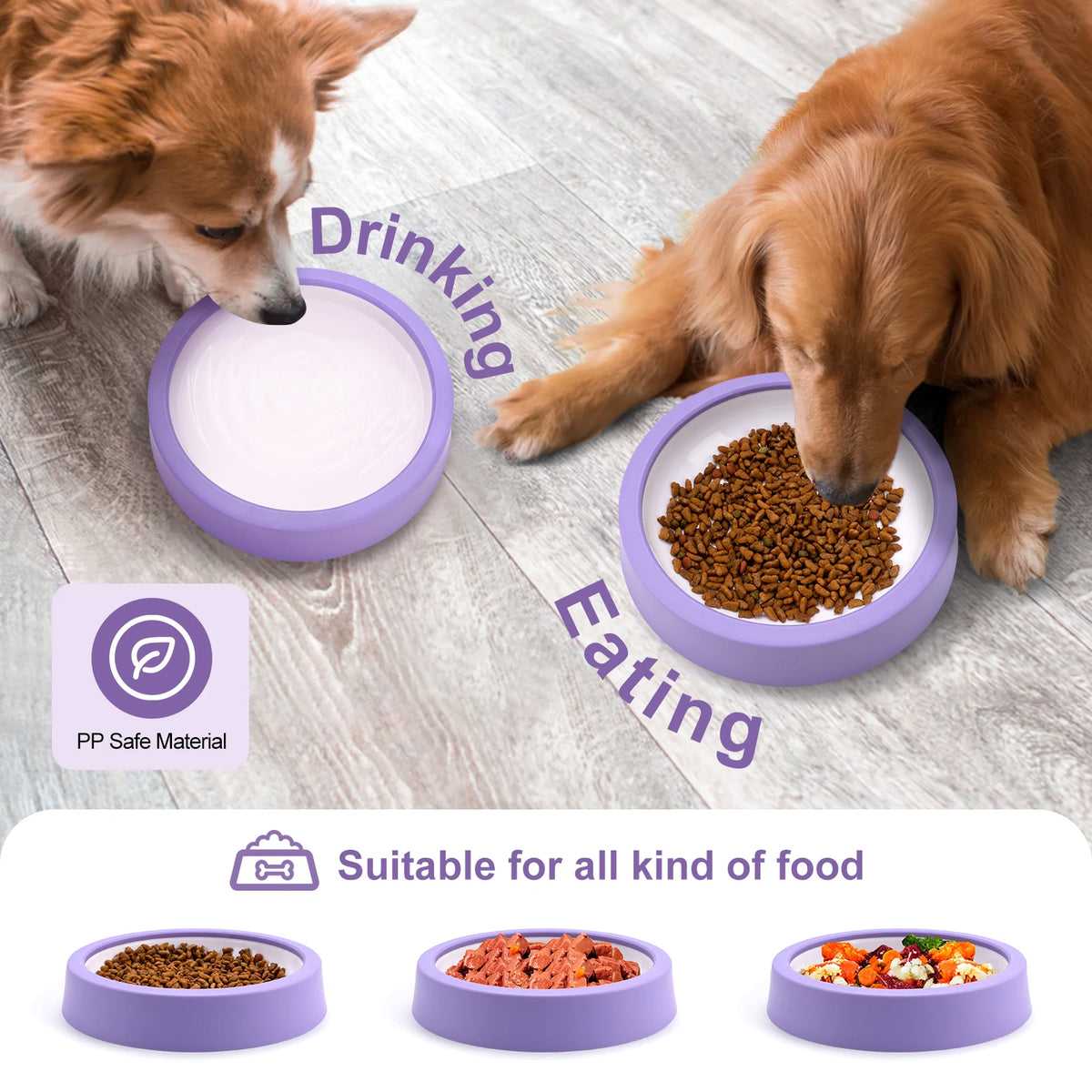 Purple anti-gulping slow feeder bowls for dogs and cats shown with dry food
