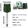 A green solar ultrasonic animal repeller device shown with its components and packaging details.