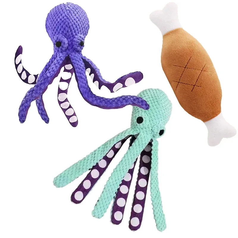 A set of two plush octopus toys, one purple and one teal, designed for interactive play.