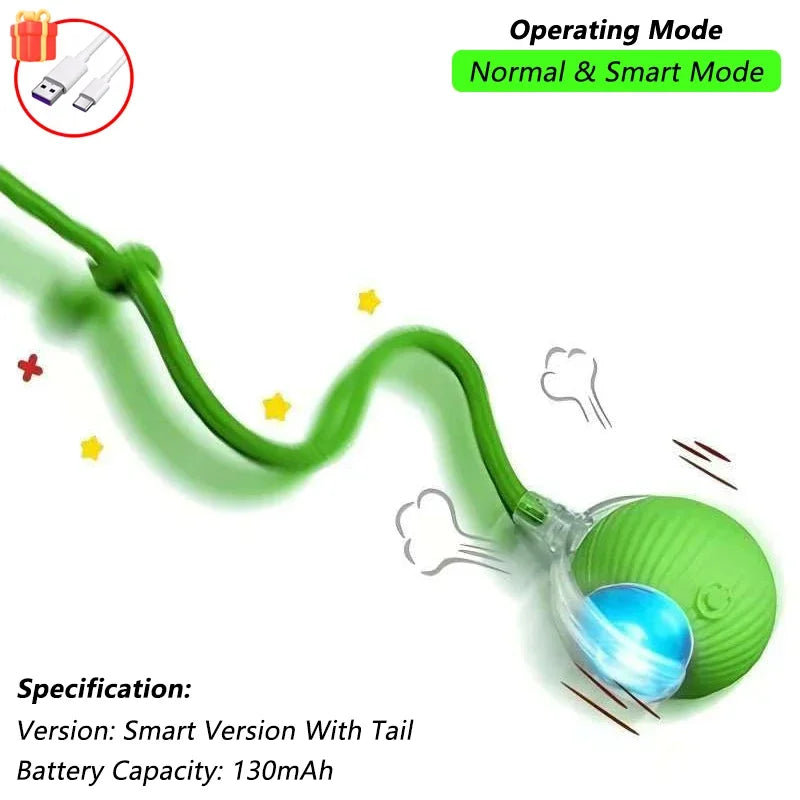 A green interactive automatic rolling cat toy with a flexible tail and light, shown in operating mode.