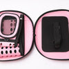 Pink and black breathable pet carrier backpack for cats and small dogs shown open with accessories.