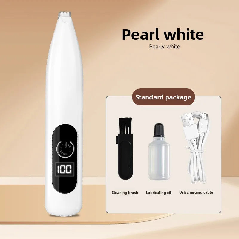 A pearl white low noise electric pet hair trimmer with a power indicator and accessories shown in a standard package.