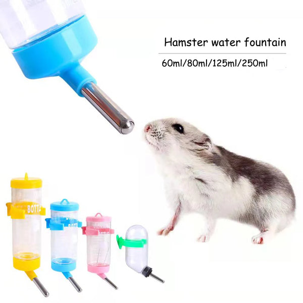 A collection of hanging water fountains and bottles for hamsters, including various sizes and colors.