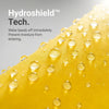 Close-up of a yellow dog raincoat covered in water beads, demonstrating Hydroshield technology.