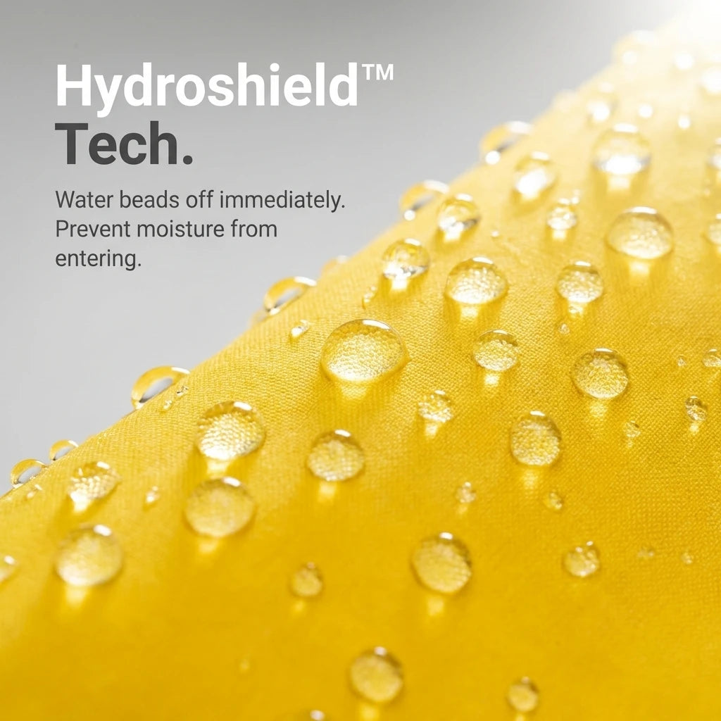 Close-up of a yellow dog raincoat covered in water beads, demonstrating Hydroshield technology.