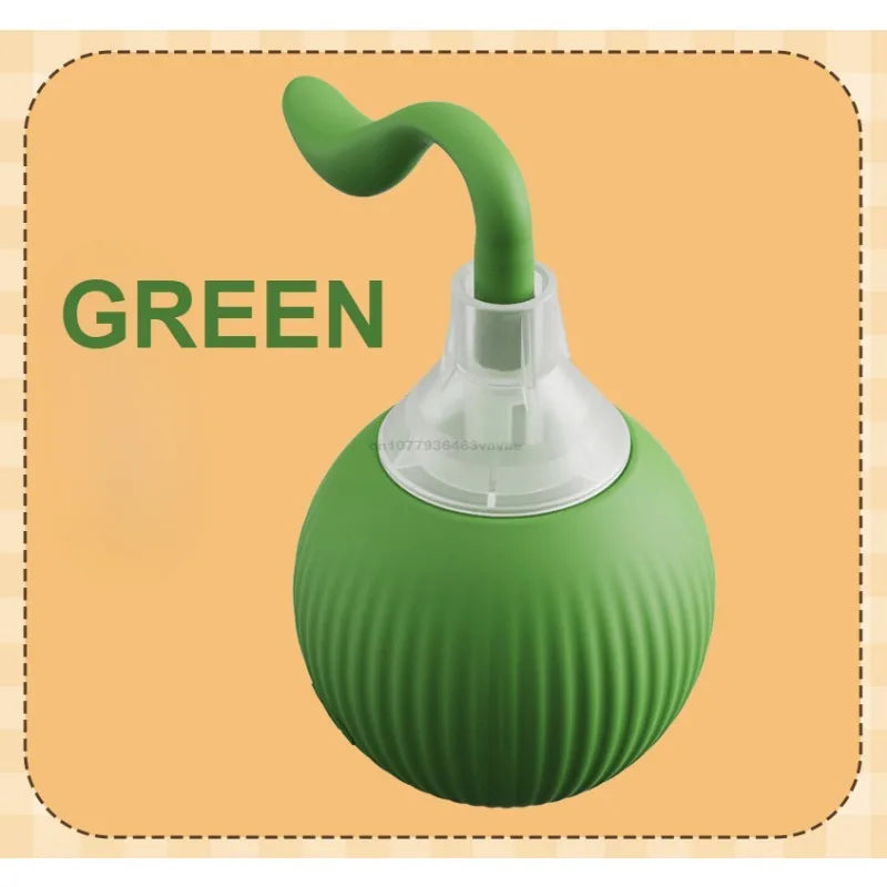 A green automatic rolling interactive ball for cats with a nozzle.