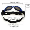 A pair of black foldable pet sunglasses with blue frames and dark lenses shown with dimensions.