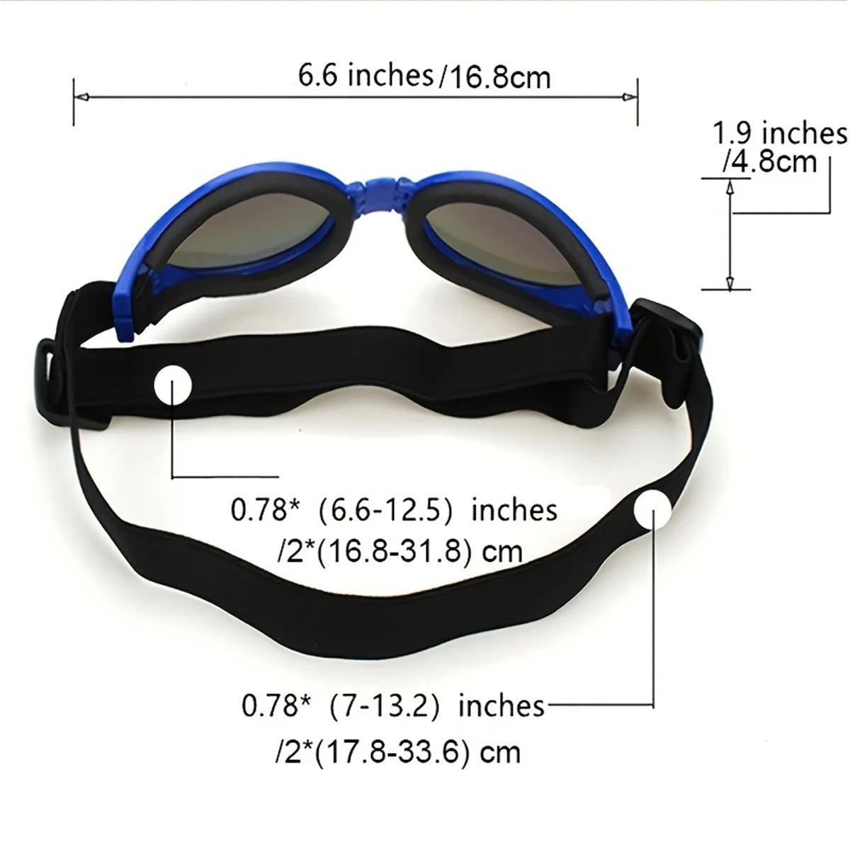 A pair of black foldable pet sunglasses with blue frames and dark lenses shown with dimensions.