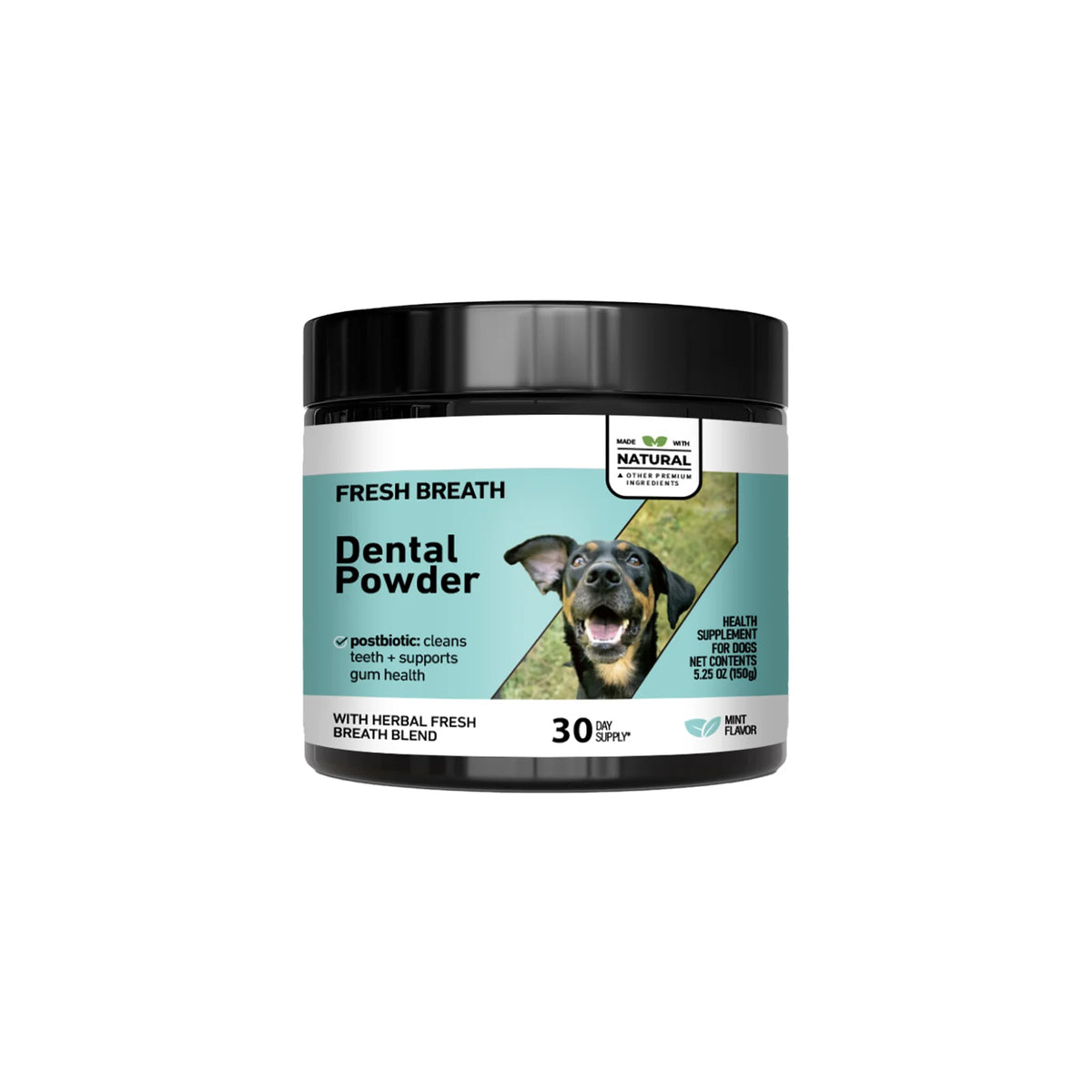 Jar of Fresh Breath Dental Powder for dogs and cats with a black lid