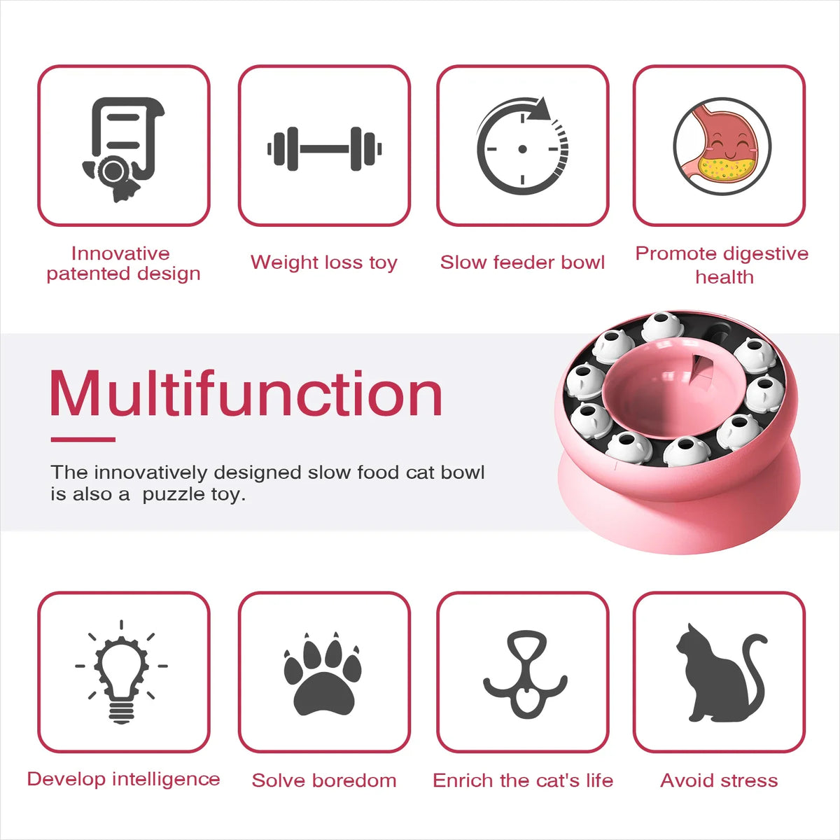 Pinke Multifunktionskatzenschale als Puzzle-Spielzeug für langsames Füttern und Verdauungshilfe.