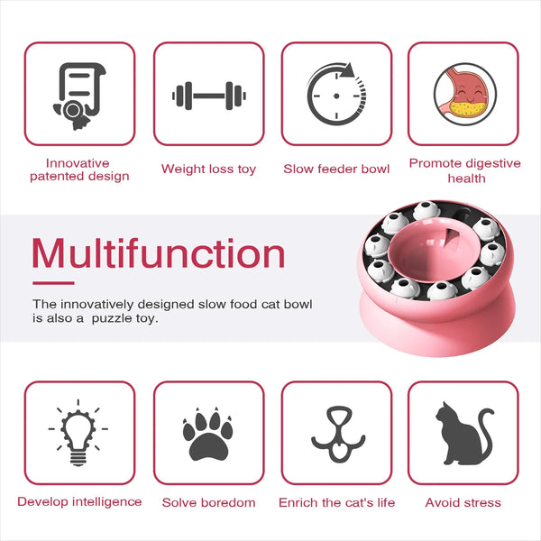 Pink multi-function cat bowl designed as a puzzle toy for slow feeding and digestive health.