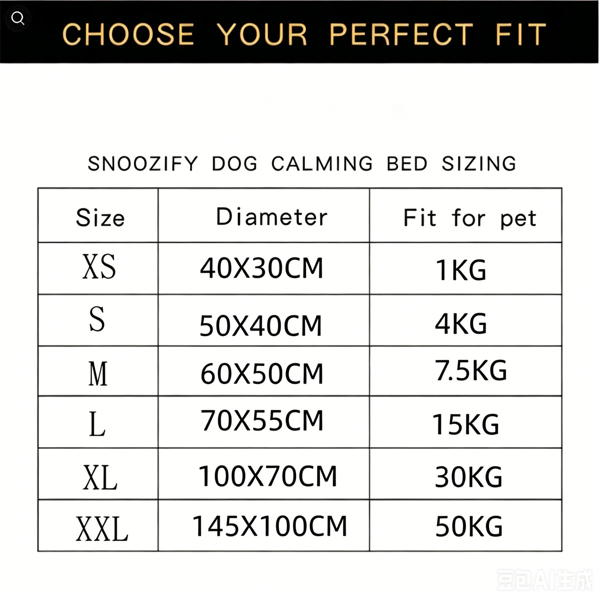 Gráfico de tamaños para cama calmante para perros Snoozify, mostrando dimensiones y ajuste para varios pesos