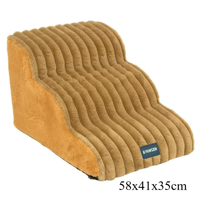 A rectangular pet safety climbing stair for dogs covered in brown suede-like material.