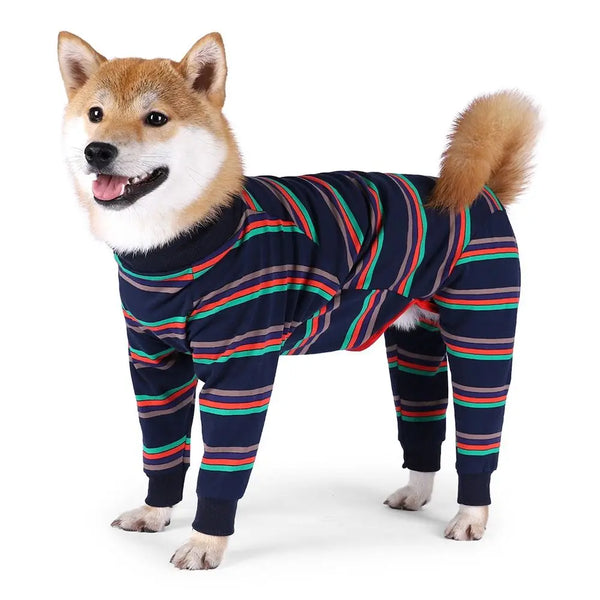 A fluffy Shiba Inu wearing a navy blue striped breathable elastic dog jumpsuit.