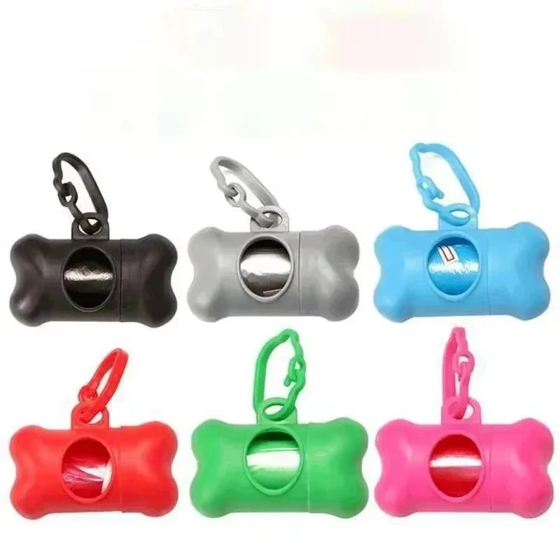 A set of five bone-shaped poop bag dispensers in red, green, pink, blue, and gray with clips.