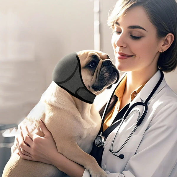 A woman wearing a white lab coat gently holds a dog while applying pet noise reduction ear muffs to the dog's head.