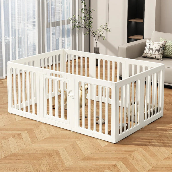 A white heavy duty pet fence cage with vertical bars and suction cups is shown on a wooden floor.