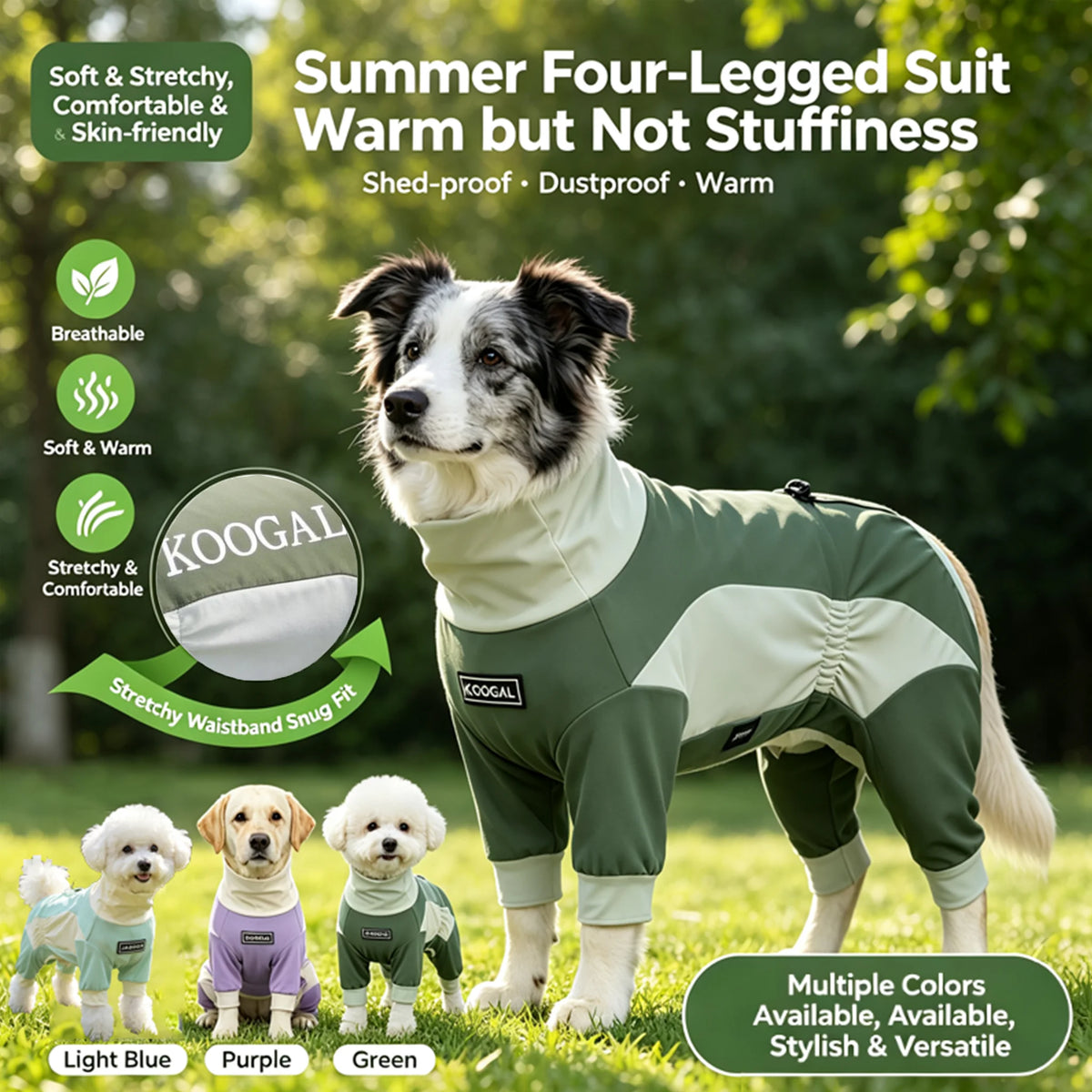 A dog wearing a green and beige summer four-legged suit outdoors.