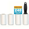 A roll of extra sticky tear sheets and a black adhesive lint roller tool.