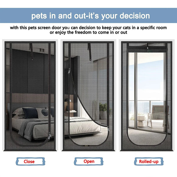 Cortina mosquitera resistente para mascotas con opciones de abierta y enrollada