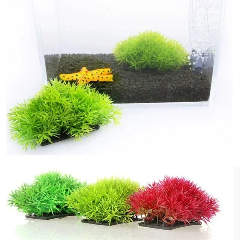 Vibrant artificial green and red aquatic plants used for fish tank decoration