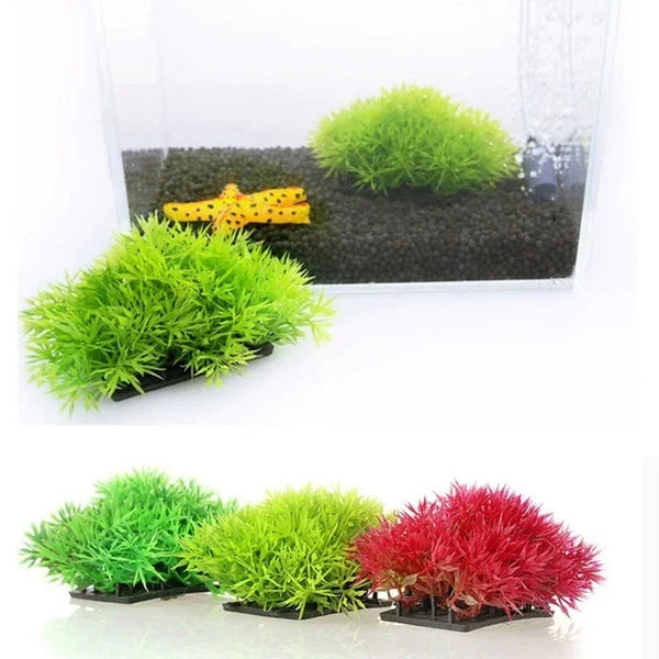 Vibrant artificial green and red aquatic plants used for fish tank decoration