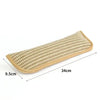 A rectangular cat scratcher toy made of woven natural fibers with a beige and cream striped pattern.