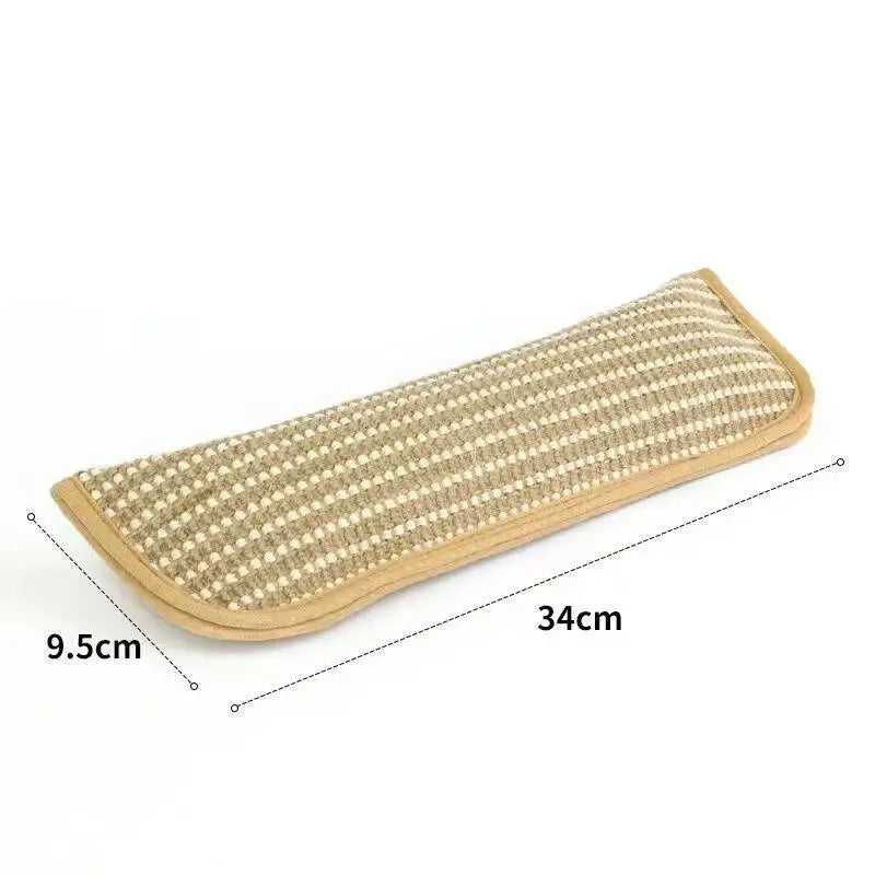 A rectangular cat scratcher toy made of woven natural fibers with a beige and cream striped pattern.