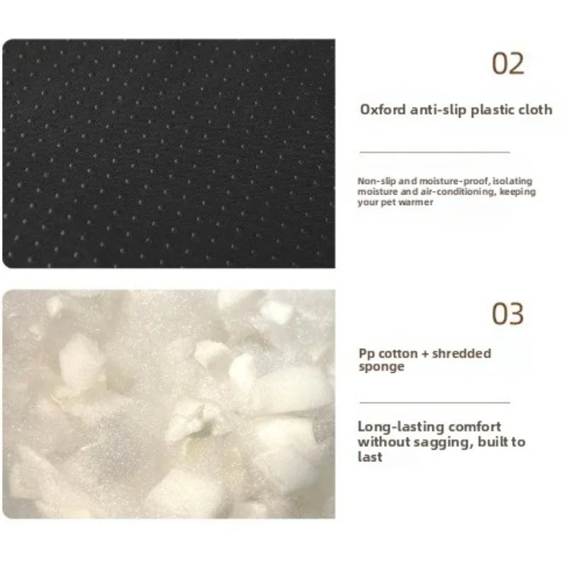 Deux images montrant un chiffon plastique Oxford antidérapant et une éponge en coton déchiquetée pour un lit de compagnie.
