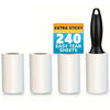 A set of four white lint roller sheets and one black roller with an extra sticky label.