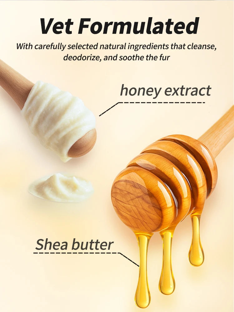 A close-up of pet dry cleaning gloves showing honey extract and shea butter ingredients.
