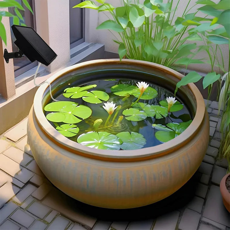 Un grand pot rond de couleur bronze contenant de l'eau avec des feuilles de lys et une fleur blanche, installé à l'extérieur.