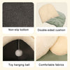 A collection of pet bedding items including a non-slip bottom, double-sided cushion, toy hanging ball, and comfortable fabric