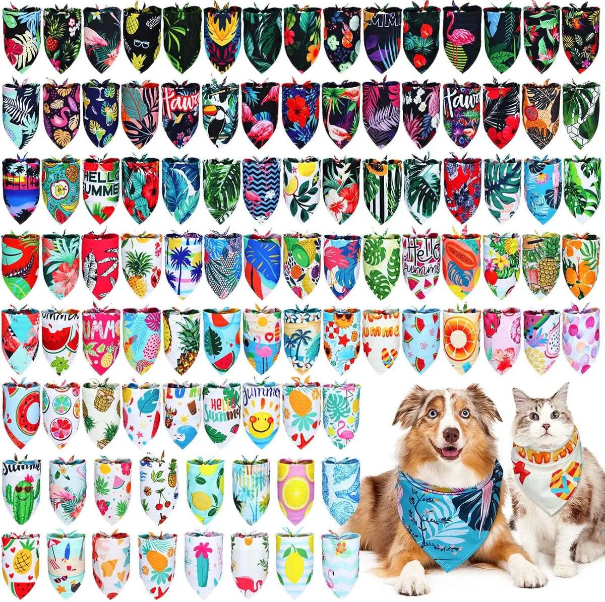 A collection of 100 donut print dog bandanas featuring various holiday designs and patterns.
