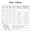 Size chart for seasonal pattern dog and cat outerwear showing measurements in centimeters and suggested sizes.