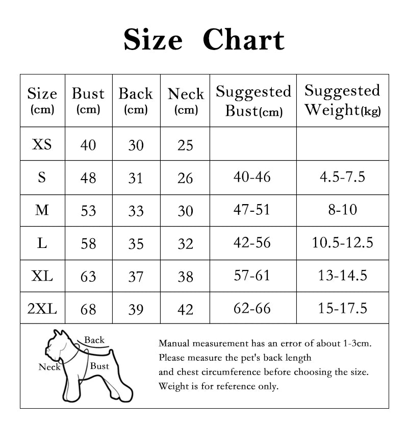 Size chart for seasonal pattern dog and cat outerwear showing measurements in centimeters and suggested sizes.