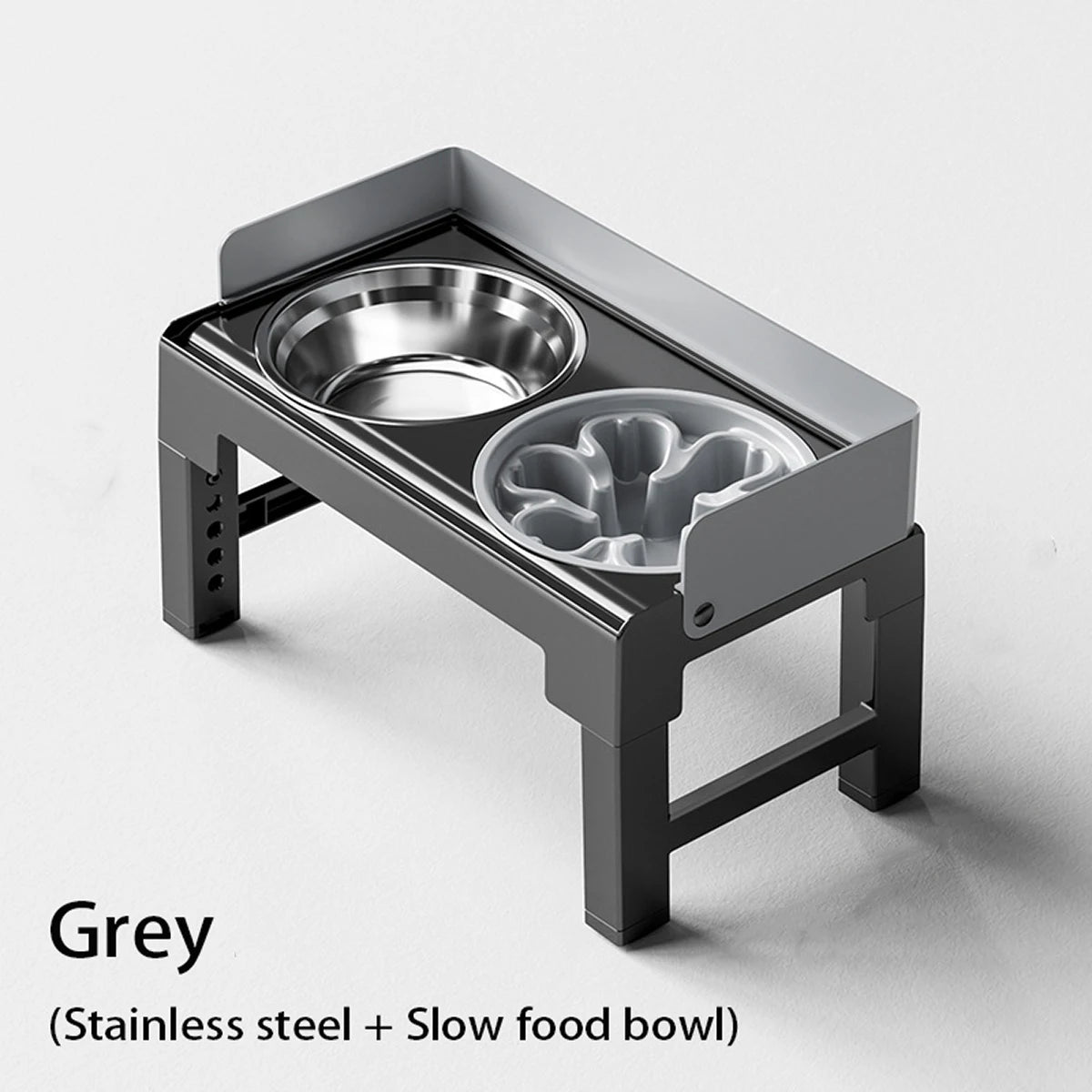 Grey collapsible elevated dog feeder featuring two stainless steel bowls for slow food feeding