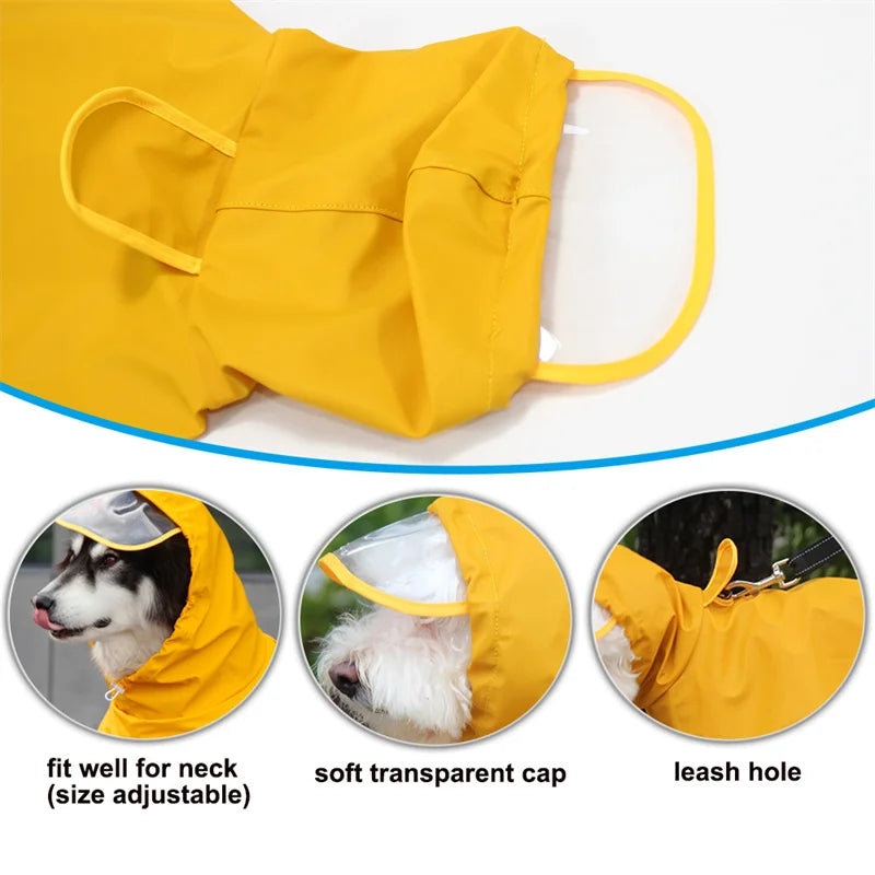 Yellow waterproof pet raincoat with a transparent hood and leash hole for dogs