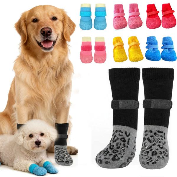 A collection of waterproof anti-slip dog socks in various colors and styles for dogs.
