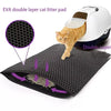 A white double-layer cat litter pad is shown with a cat interacting with it, demonstrating its layered design.