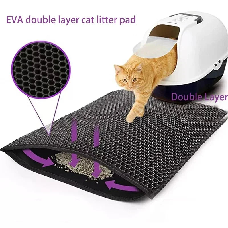 A white double-layer cat litter pad is shown with a cat interacting with it, demonstrating its layered design.