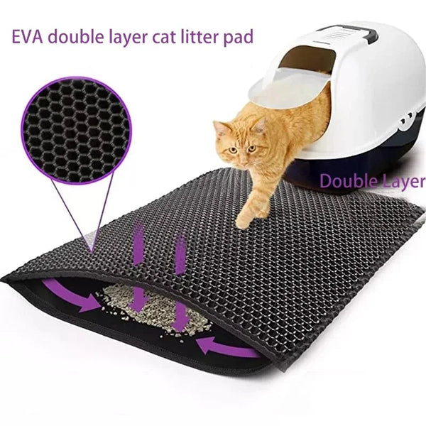 A white double-layer cat litter pad is shown with a cat interacting with it, demonstrating its layered design.