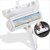 A white reusable pet hair remover brush with a suction mechanism is shown open and in use.